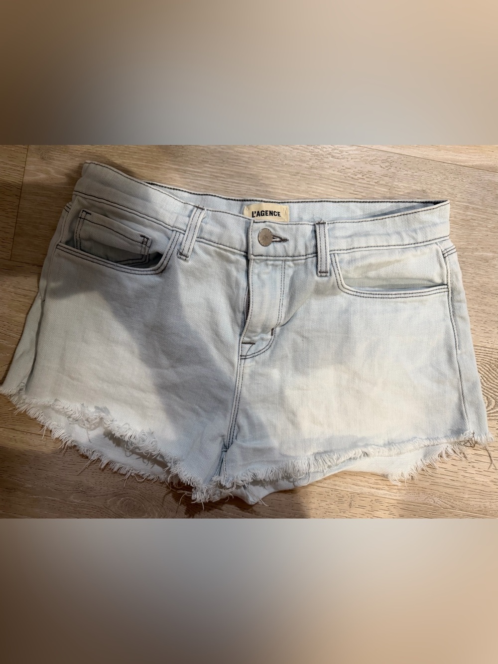 L'AGENCE Light Blue Denim Shorts with Branded Waist Label
